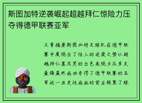 斯图加特逆袭崛起超越拜仁惊险力压夺得德甲联赛亚军
