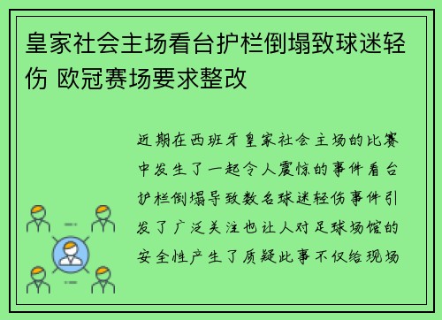 皇家社会主场看台护栏倒塌致球迷轻伤 欧冠赛场要求整改